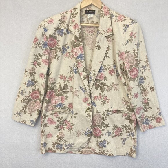 Vintage 90s Boxy Floral Flax Linen Blazer Womens Medium Tracy Evans Jacket USA - Picture 1 of 13